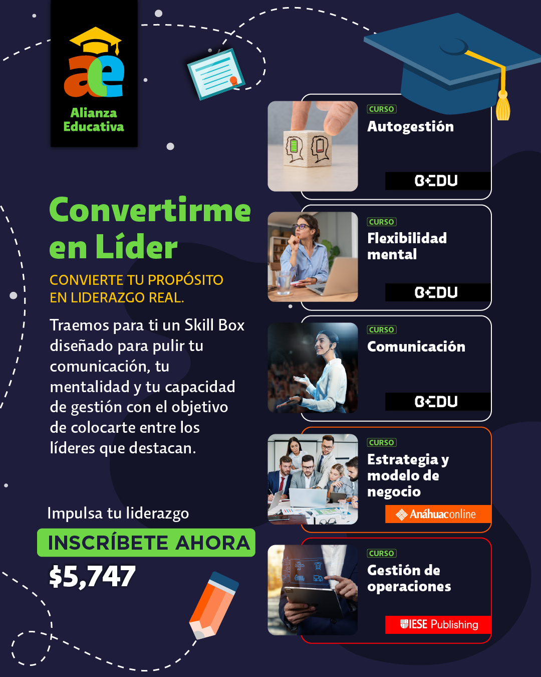 Box de Cursos de Liderazgo y Gestión Empresarial | IESE Business School, Universidad Anáhuac y BEDU